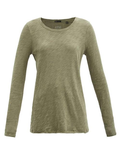 Matchesfashion.com Atm - Distressed-hem Slubbed-cotton Long-sleeved T-shirt - Womens - Khaki