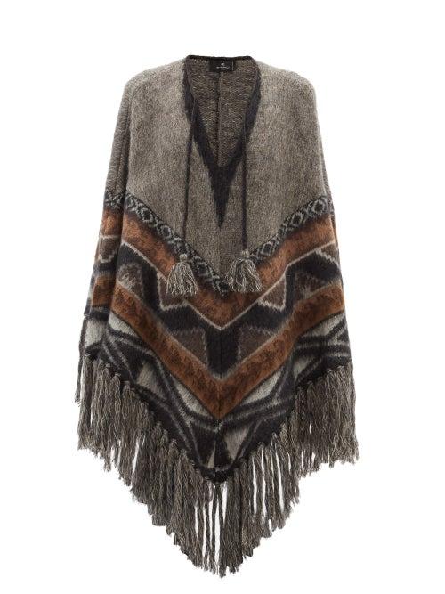 Ladies Rtw Etro - California Geometric-intarsia Knit Poncho - Womens - Grey Multi