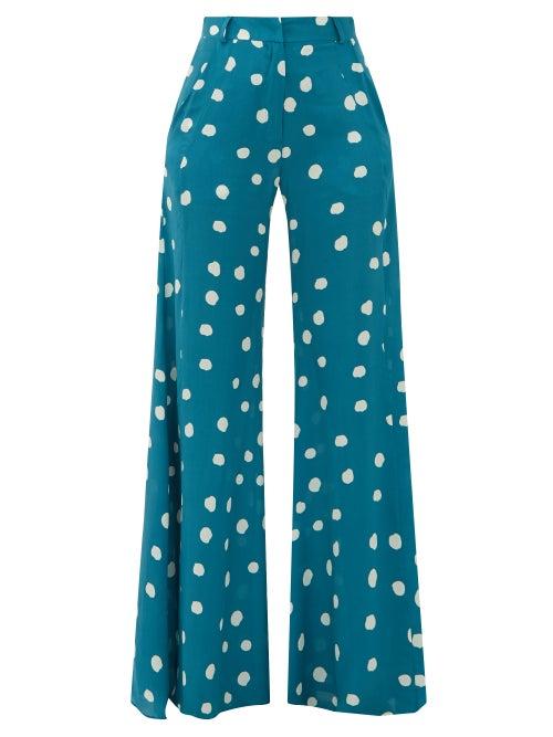 Matchesfashion.com Adriana Degreas - Wide Leg Polka Dot Silk Trousers - Womens - Blue Print