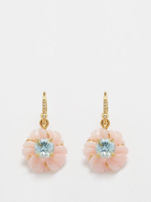 Irene Neuwirth - Botantical Flower Aquamarine & 18kt Gold Earrings - Womens - Pink Blue