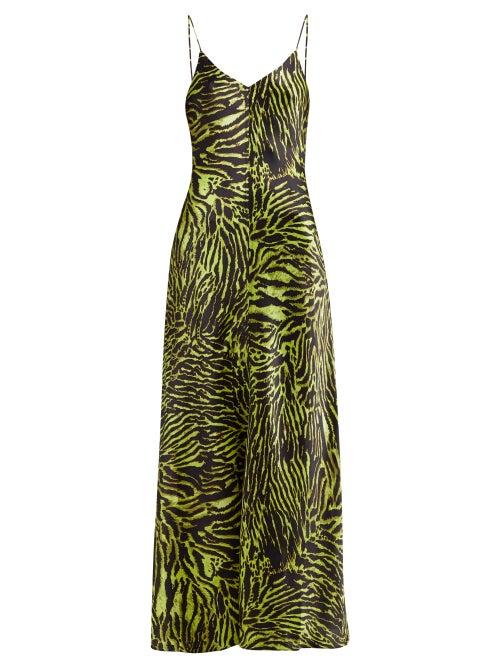 Matchesfashion.com Ganni - Tiger Print Silk Blend Satin Slip Dress - Womens - Black Green