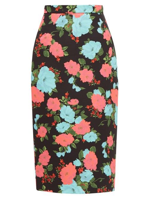 Matchesfashion.com Erdem - Denica Floral Print Scuba Twill Pencil Skirt - Womens - Black Multi