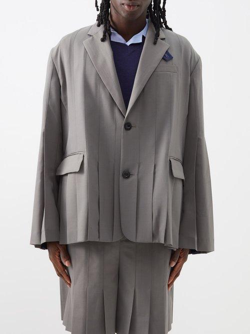 Sacai - Pleated Woven Single-breasted Blazer - Mens - Taupe