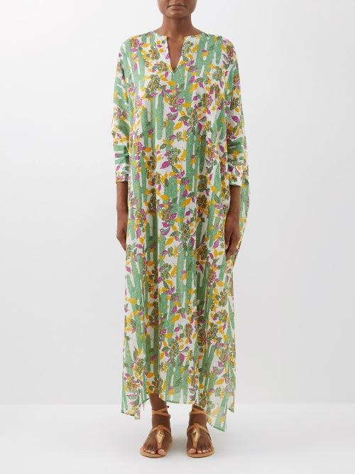 Loretta Caponi - Valentine Floral-print Kaftan - Womens - Green Multi