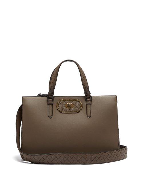 Matchesfashion.com Bottega Veneta - Intrecciato Panel Leather Bag - Womens - Grey