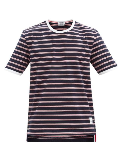 Matchesfashion.com Thom Browne - Buttoned-side Striped Cotton-jersey T-shirt - Mens - Navy