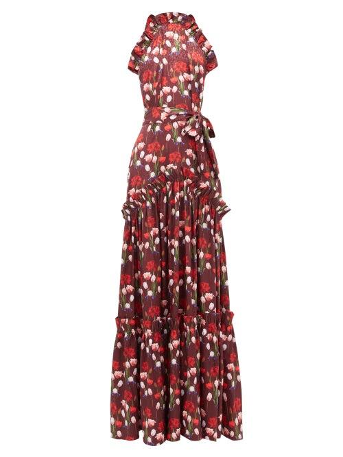 Matchesfashion.com Borgo De Nor - Tatiana Floral Print Ruffled Satin Dress - Womens - Burgundy