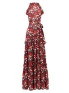 Matchesfashion.com Borgo De Nor - Tatiana Floral Print Ruffled Satin Dress - Womens - Burgundy