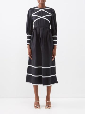 Batsheva - Clemmie Ribbon-appliqu Cotton Midi Dress - Womens - Black White