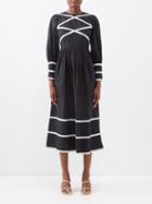 Batsheva - Clemmie Ribbon-appliqu Cotton Midi Dress - Womens - Black White