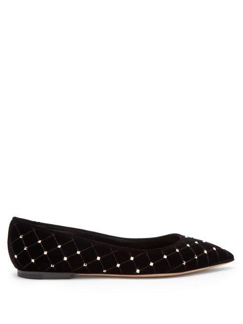 Matchesfashion.com Valentino - Rockstud Spike Velvet Point Toe Flats - Womens - Black