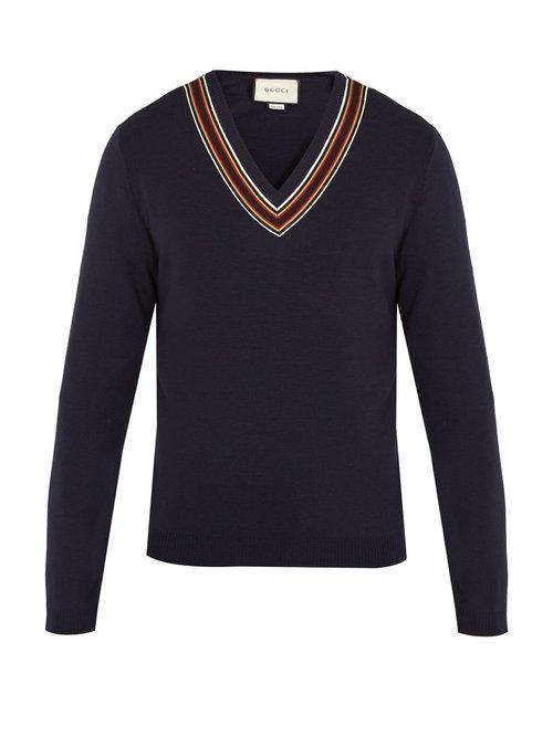 Matchesfashion.com Gucci - V Neck Ribbon Trimmed Wool Sweater - Mens - Navy