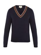 Matchesfashion.com Gucci - V Neck Ribbon Trimmed Wool Sweater - Mens - Navy