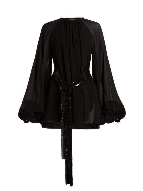 Matchesfashion.com Saint Laurent - Sequinned Belt Georgette Mini Dress - Womens - Black