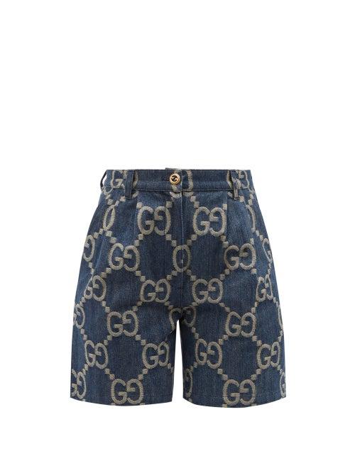 Gucci - Gg-jacquard Leather-trim Denim Shorts - Womens - Denim