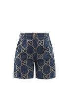 Gucci - Gg-jacquard Leather-trim Denim Shorts - Womens - Denim