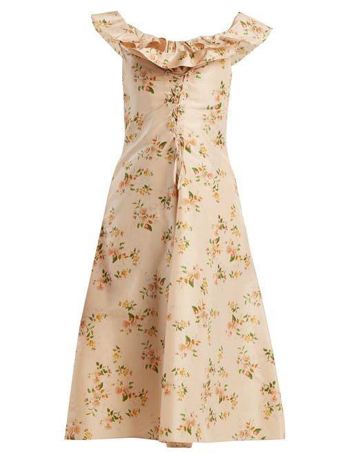 Matchesfashion.com Brock Collection - Dawn Off The Shoulder Silk Taffeta Dress - Womens - Beige Print