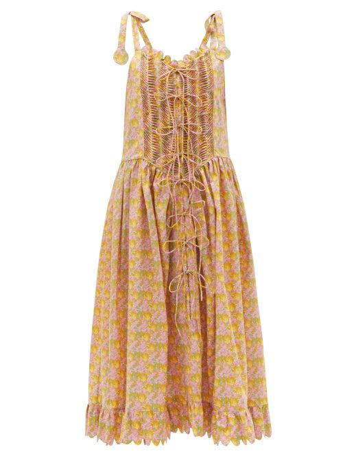 Matchesfashion.com Horror Vacui - Thekla Basque-waist Floral Cotton-poplin Dress - Womens - Yellow Multi