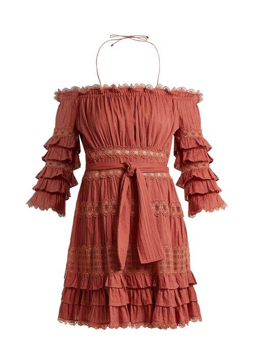 Matchesfashion.com Zimmermann - Corsair Off The Shoulder Ruffled Cotton Dress - Womens - Pink