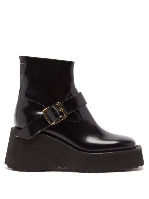Mm6 Maison Margiela - Buckled Leather Wedge Boots - Womens - Black