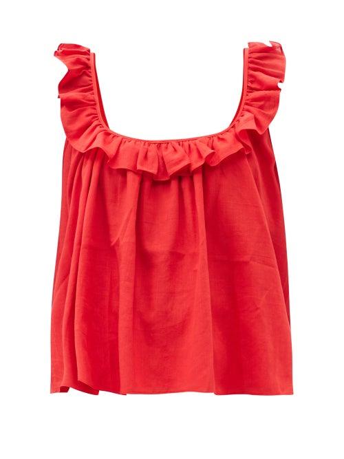 Matchesfashion.com Loup Charmant - Tula Ruffled Cotton Top - Womens - Red
