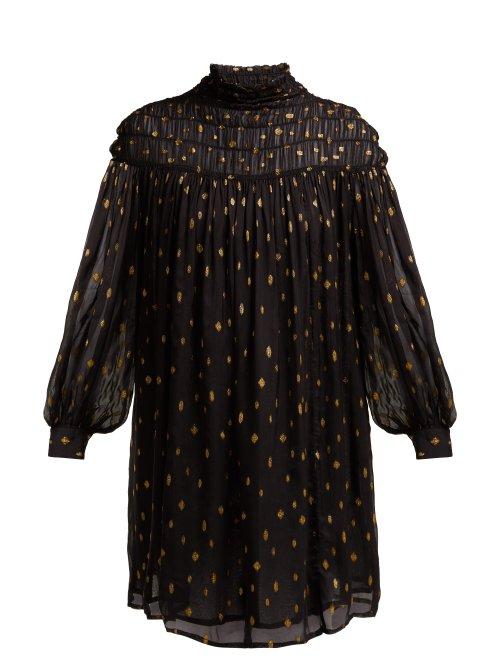 Matchesfashion.com Frame - Smocked Polka Dot Fil Coup Mini Dress - Womens - Black Gold