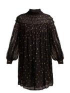 Matchesfashion.com Frame - Smocked Polka Dot Fil Coup Mini Dress - Womens - Black Gold