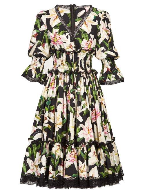 Matchesfashion.com Dolce & Gabbana - Lilium Print Lace Trimmed Poplin Dress - Womens - Black Print