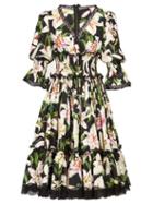 Matchesfashion.com Dolce & Gabbana - Lilium Print Lace Trimmed Poplin Dress - Womens - Black Print