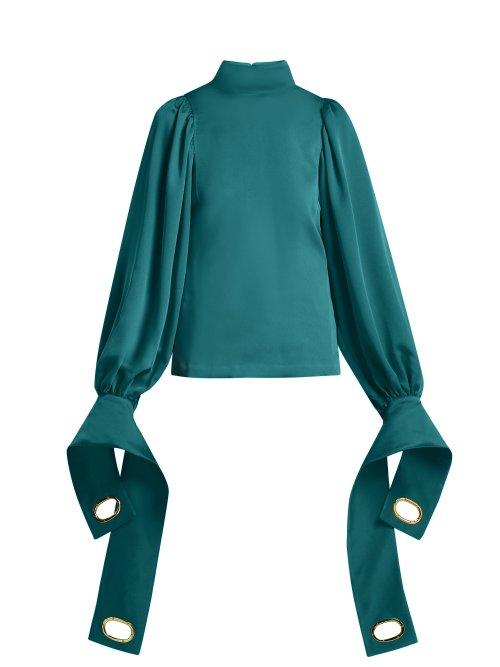 Matchesfashion.com Self-portrait - Exaggerated Cuff Stretch Jersey Blouse - Womens - Dark Green