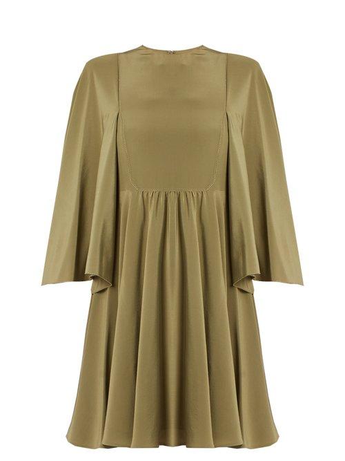Matchesfashion.com Valentino - Cape Sleeve Silk Crepe De Chine Dress - Womens - Green