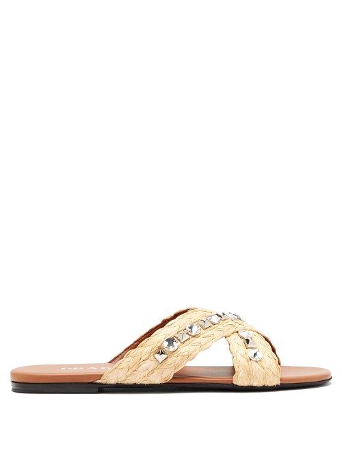 Matchesfashion.com Prada - Crystal And Stud Embellished Raffia Slides - Womens - Cream