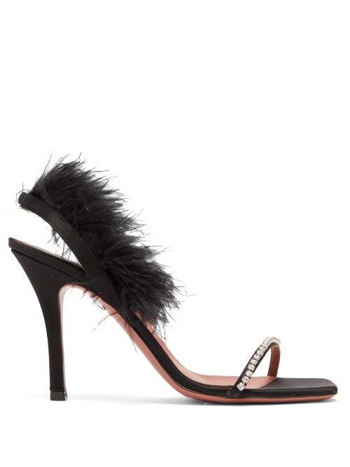 Matchesfashion.com Amina Muaddi - Adwoa Crystal And Feather-trimmed Satin Sandals - Womens - Black
