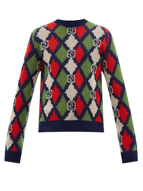 Matchesfashion.com Gucci - Argyle And Gg-jacquard Wool Sweater - Mens - Multi