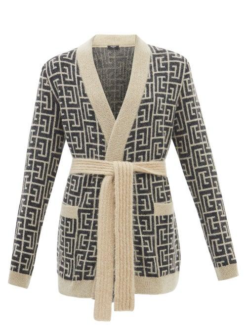 Balmain - Monogram-jacquard Padded-shoulder Cardigan - Womens - Black Multi