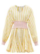 Ladies Beachwear Rhode - Olivia Belted V-neck Cotton-blend Mini Dress - Womens - Yellow Stripe