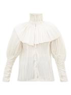 Matchesfashion.com Rodarte - Caped High Neck Pliss Voile Blouse - Womens - White