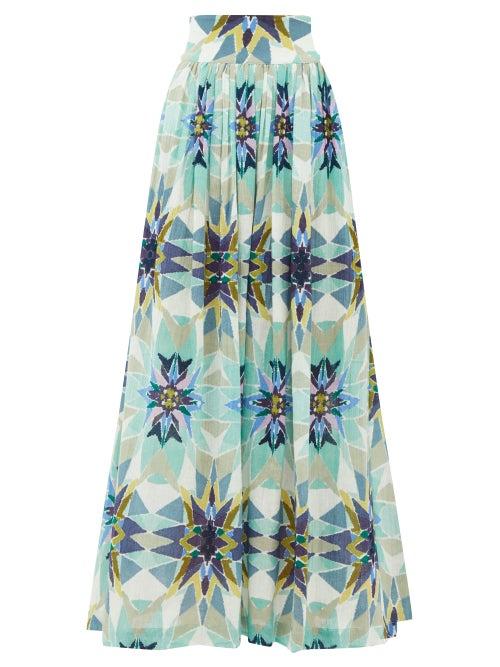 Matchesfashion.com Le Sirenuse, Positano - New Jane Diamond-print Cotton Midi Skirt - Womens - Blue Print