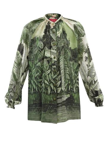 F.r.s - For Restless Sleepers - Piroi Jungle-print Silk-crepe Blouse - Womens - Green