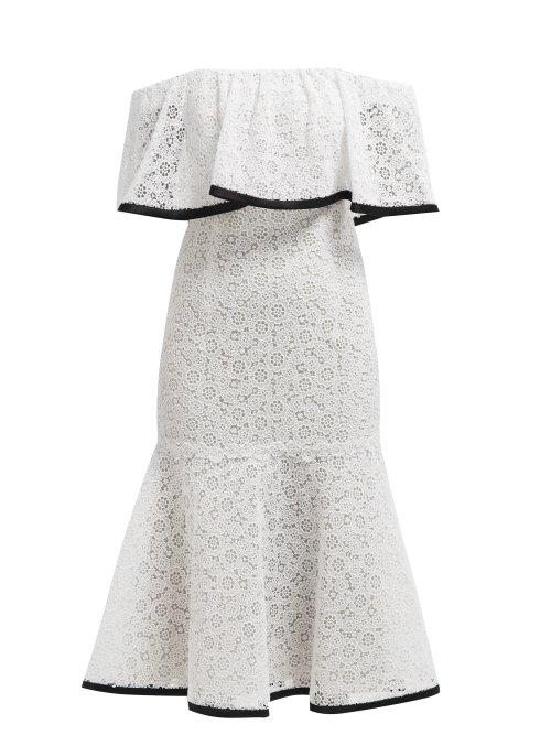Matchesfashion.com Carolina Herrera - Off The Shoulder Flared Hem Lace Midi Dress - Womens - White Black