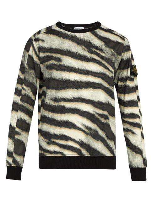 Matchesfashion.com Stone Island - Tiger Print Cotton Jersey Sweatshirt - Mens - Beige