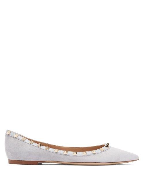 Matchesfashion.com Valentino - Rockstud Flat Suede Pumps - Womens - Grey