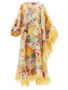 La Doublej - Opera Feather-trimmed Holi-print Silk Maxi Dress - Womens - Yellow Multi