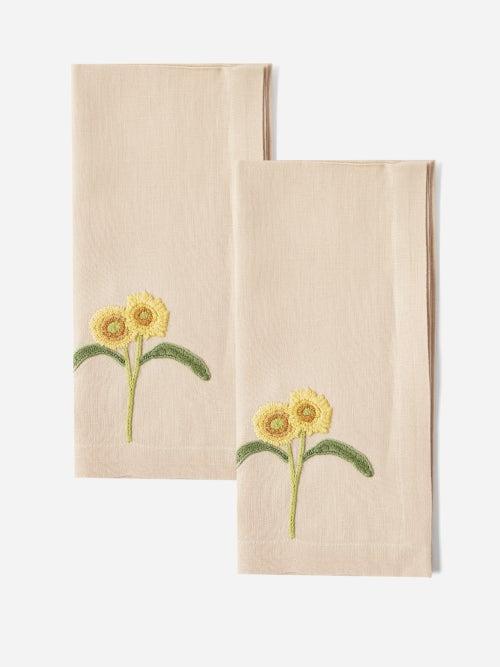 Bernadette - Set Of Two Sunflower Embroidered Linen Napkins - Womens - Beige Multi
