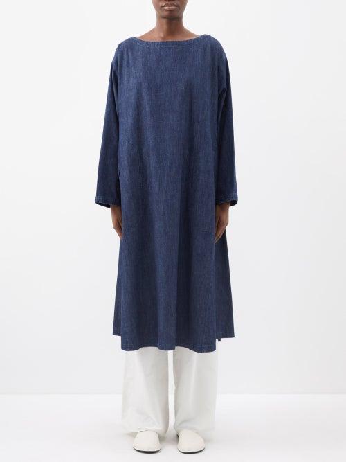 Eskandar - Scoop-neck Cotton-denim Trapeze Dress - Womens - Blue