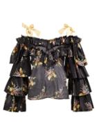 Matchesfashion.com Rodarte - Ruffled Floral Print Silk Blend Blouse - Womens - Black Multi