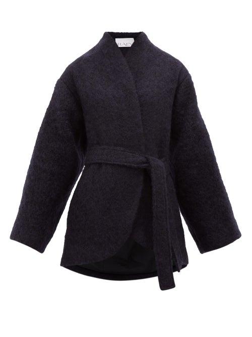 Matchesfashion.com Raey - Collarless Belted Mohair-blend Coat - Womens - Navy
