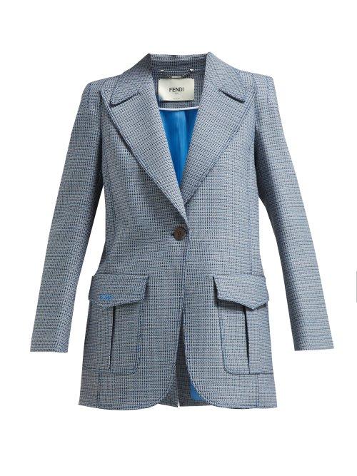 Matchesfashion.com Fendi - Single Breasted Longline Wool Blend Tweed Blazer - Womens - Blue Multi