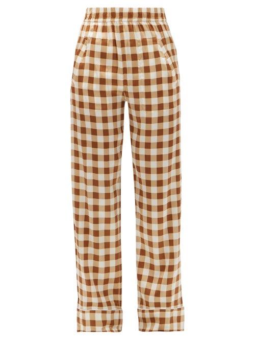 Matchesfashion.com Ganni - High-rise Gingham Silk-blend Satin Trousers - Womens - Brown Multi