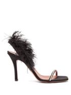 Matchesfashion.com Amina Muaddi - Adwoa Crystal And Feather Trimmed Satin Sandals - Womens - Black